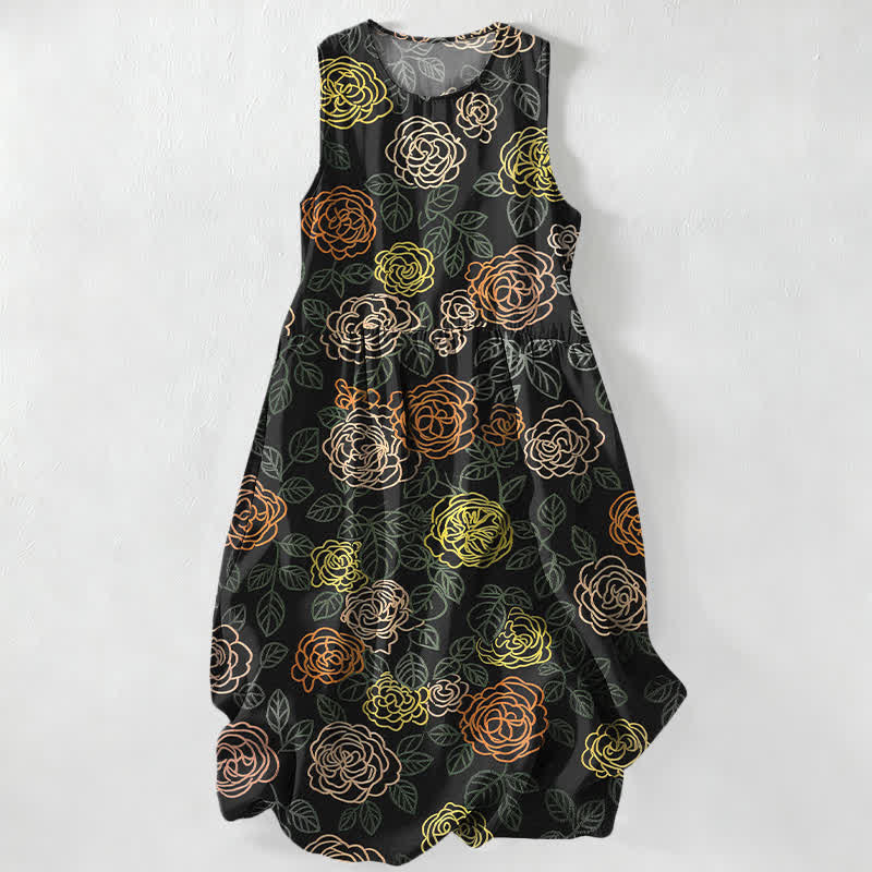 Buddha Stones Summer Casual Colorful Floral Sketch Pattern Women's Summer Sleeveless Midi Dress With Pockets - Black - US16,UK/AU20,EU48 (3XL) - image 0