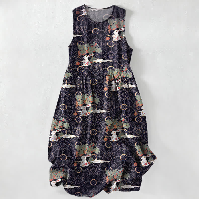 Buddha Stones Summer Casual Vintage Floral Medallions Leaves Pattern Women's Summer Sleeveless Midi Dress With Pockets - Indigo - US16,UK/AU20,EU48 (3XL) - image 0