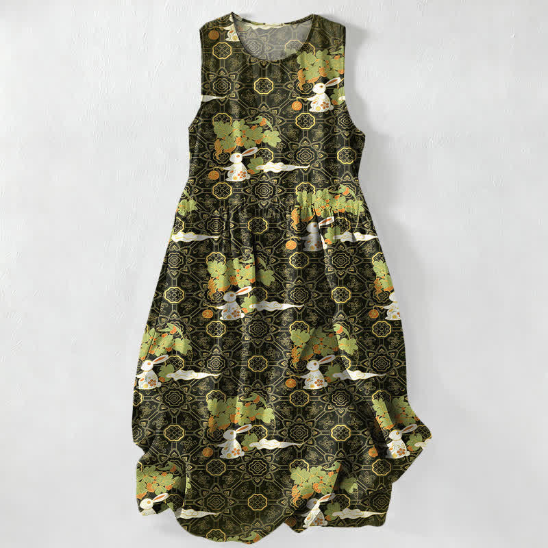 Buddha Stones Summer Casual Vintage Floral Medallions Leaves Pattern Women's Summer Sleeveless Midi Dress With Pockets - DarkOliveGreen - US16,UK/AU20,EU48 (3XL) - image 4