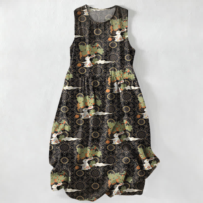 Buddha Stones Summer Casual Vintage Floral Medallions Leaves Pattern Women's Summer Sleeveless Midi Dress With Pockets - Black - US16,UK/AU20,EU48 (3XL) - image 5