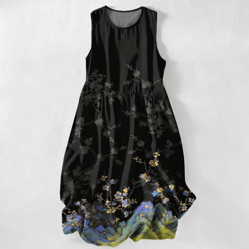 Buddha Stones Summer Casual Vintage Floral Branches Pattern Women's Summer Sleeveless Midi Dress With Pockets - Black - US16,UK/AU20,EU48 (3XL) - image 0