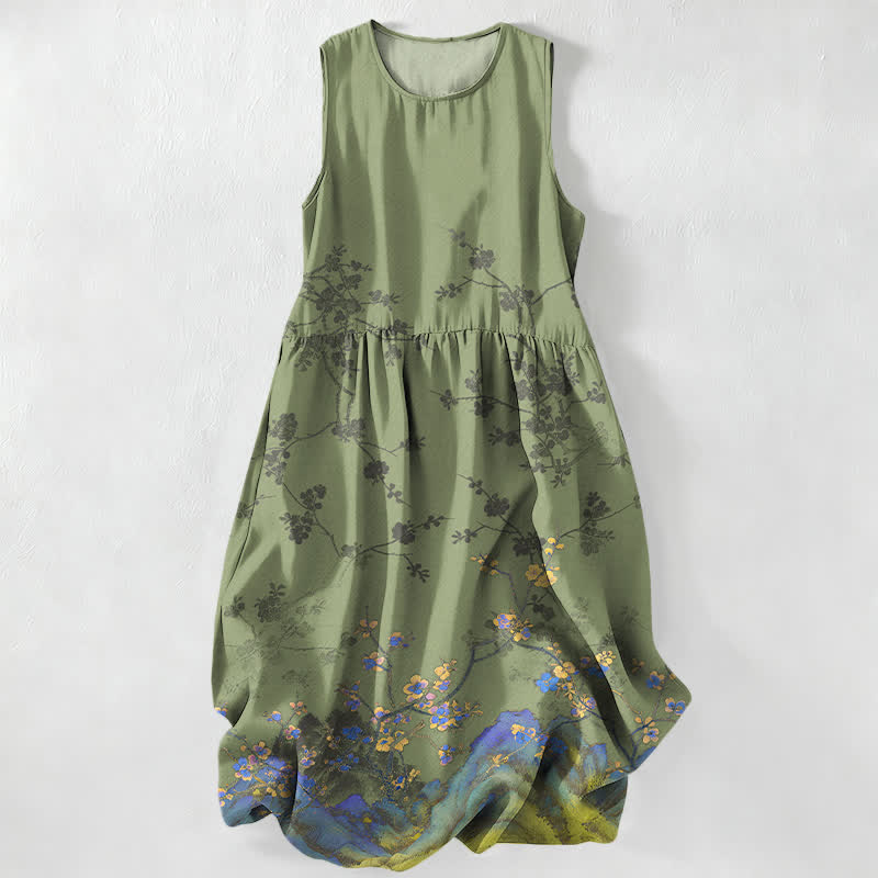 Buddha Stones Summer Casual Vintage Floral Branches Pattern Women's Summer Sleeveless Midi Dress With Pockets - OliveDrab - US16,UK/AU20,EU48 (3XL) - image 4