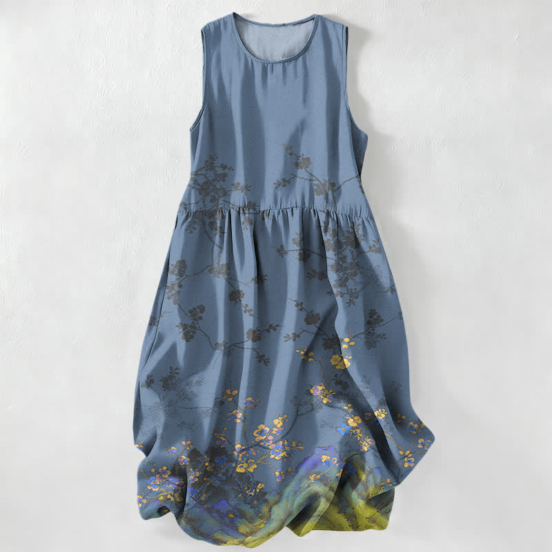 Buddha Stones Summer Casual Vintage Floral Branches Pattern Women's Summer Sleeveless Midi Dress With Pockets - SlateGray - US16,UK/AU20,EU48 (3XL) - image 5