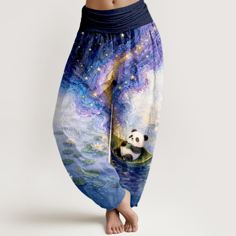 Buddha Stones Pure Cotton Starry Lotus Panda Pattern Women's Elastic Waist Harem Pants - Navy - US16,UK/AU20,EU48 (3XL) - image 0