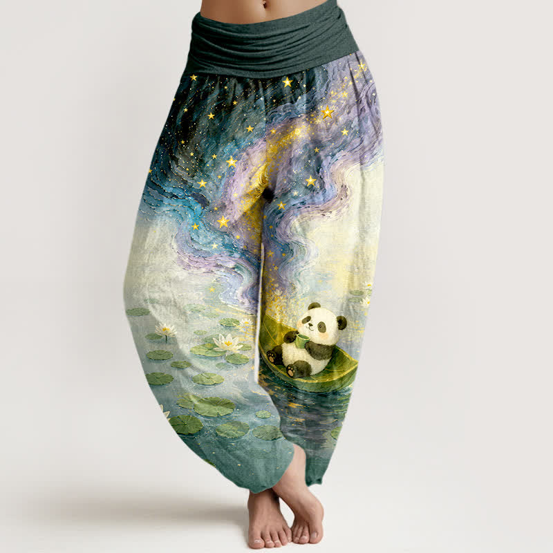 Buddha Stones Pure Cotton Starry Lotus Panda Pattern Women's Elastic Waist Harem Pants - Teal - US16,UK/AU20,EU48 (3XL) - image 5