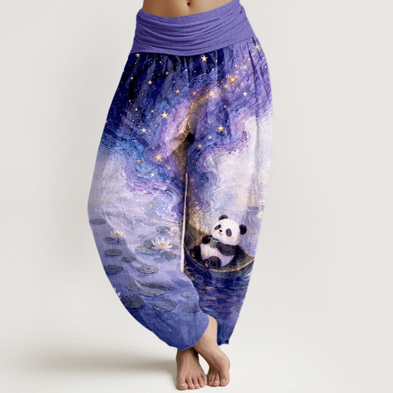 Buddha Stones Pure Cotton Starry Lotus Panda Pattern Women's Elastic Waist Harem Pants - SlateBlue - US16,UK/AU20,EU48 (3XL) - image 8