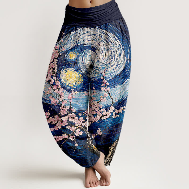 Buddha Stones Pure Cotton Starry Blossom Swirl Pattern Women's Elastic Waist Harem Pants - Navy - US16,UK/AU20,EU48 (3XL) - image 0