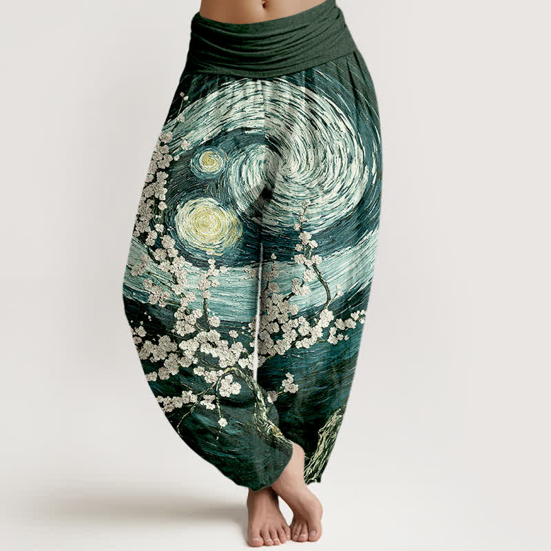 Buddha Stones Pure Cotton Starry Blossom Swirl Pattern Women's Elastic Waist Harem Pants - DarkGreen - US16,UK/AU20,EU48 (3XL) - image 8