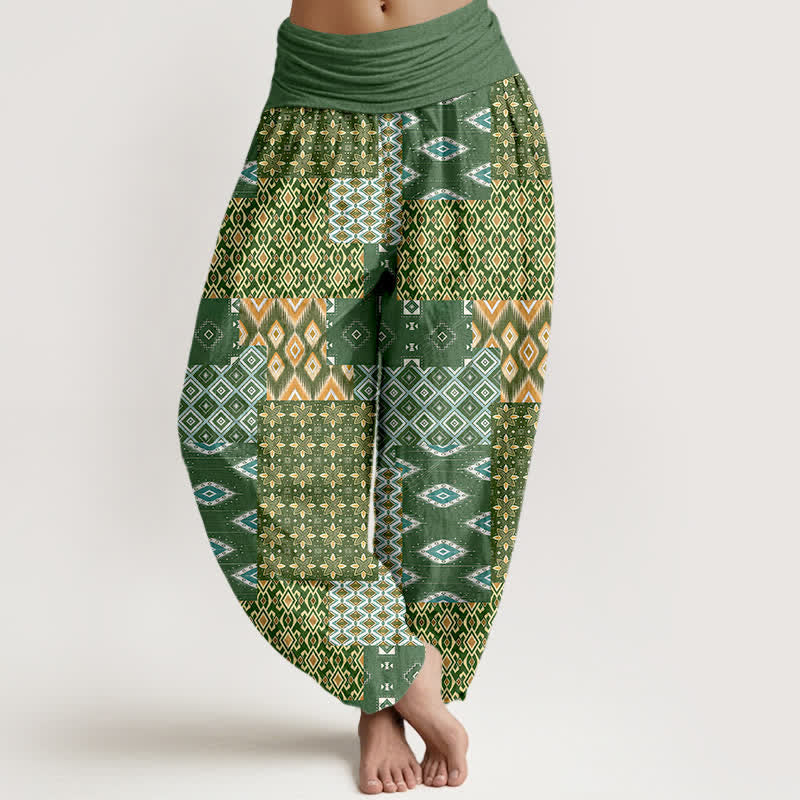 Buddha Stones Pure Cotton Bohemian Geometric Patchwork Pattern Women's Elastic Waist Harem Pants - OliveDrab - US16,UK/AU20,EU48 (3XL) - image 0