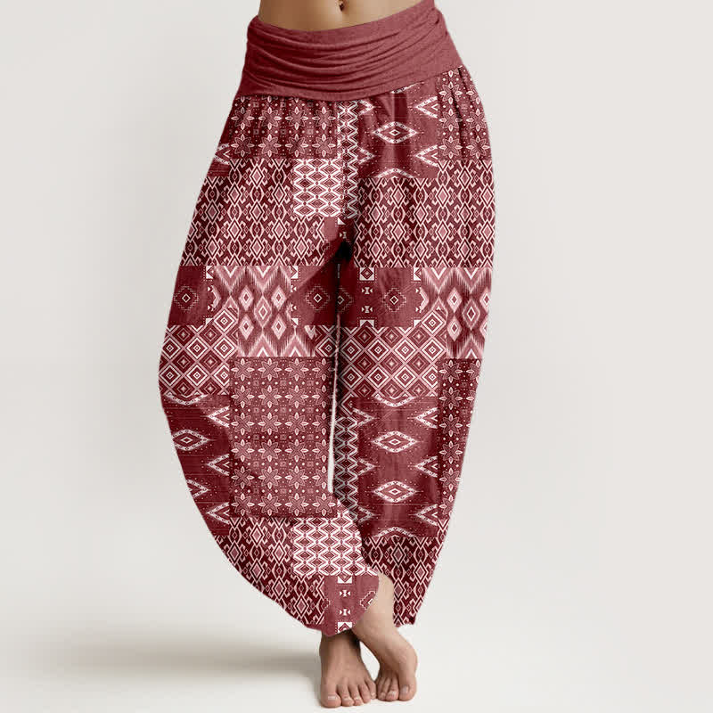 Buddha Stones Pure Cotton Bohemian Geometric Patchwork Pattern Women's Elastic Waist Harem Pants - Maroon - US16,UK/AU20,EU48 (3XL) - image 5