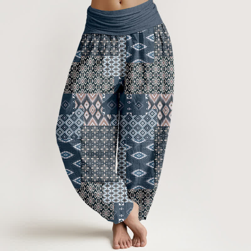 Buddha Stones Pure Cotton Bohemian Geometric Patchwork Pattern Women's Elastic Waist Harem Pants - SlateGray - US16,UK/AU20,EU48 (3XL) - image 8
