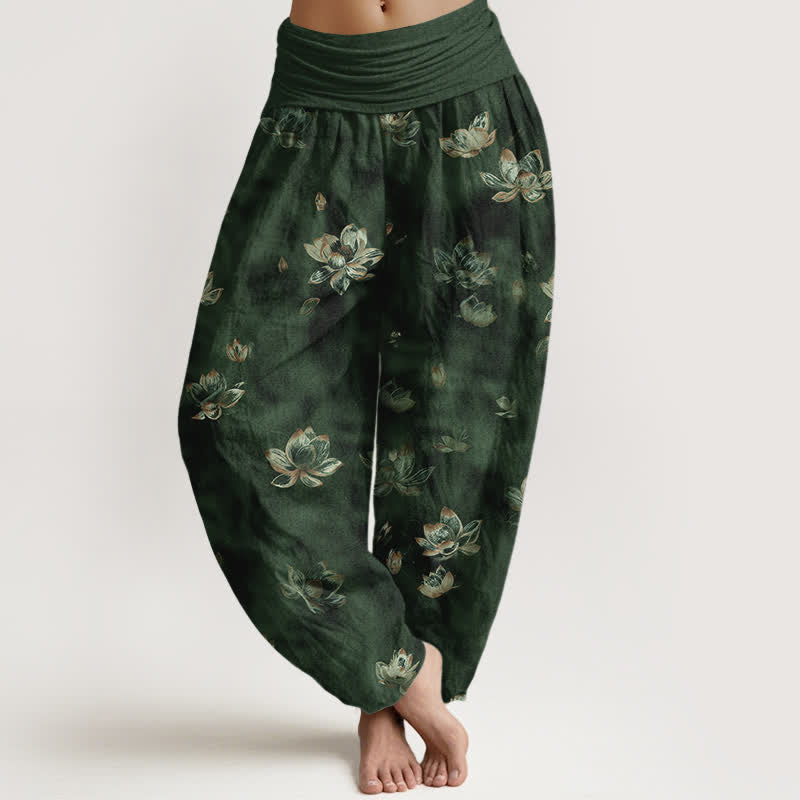 Buddha Stones Pure Cotton Vintage Lotus Floral Pattern Women's Elastic Waist Harem Pants - DarkGreen - US16,UK/AU20,EU48 (3XL) - image 0
