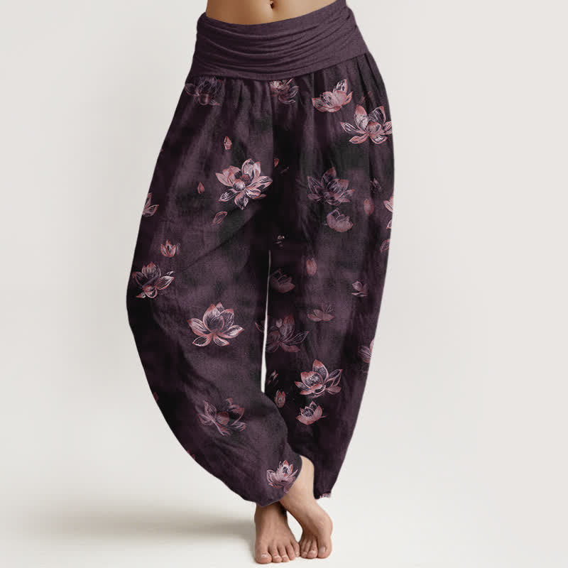 Buddha Stones Pure Cotton Vintage Lotus Floral Pattern Women's Elastic Waist Harem Pants - Purple - US16,UK/AU20,EU48 (3XL) - image 5