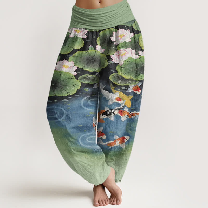Buddha Stones Cotton Lotus Koi Pond Pattern Women's Elastic Waist Harem Pants - OliveDrab - US16,UK/AU20,EU48 (3XL) - image 0