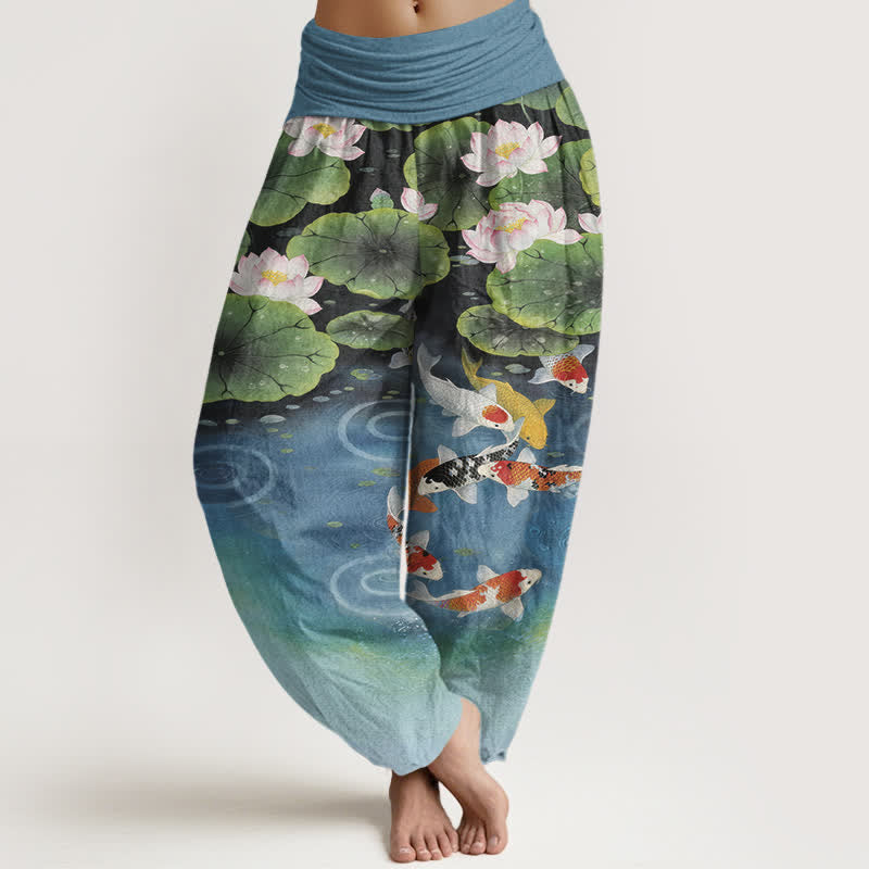 Buddha Stones Cotton Lotus Koi Pond Pattern Women's Elastic Waist Harem Pants - SteelBlue - US16,UK/AU20,EU48 (3XL) - image 5