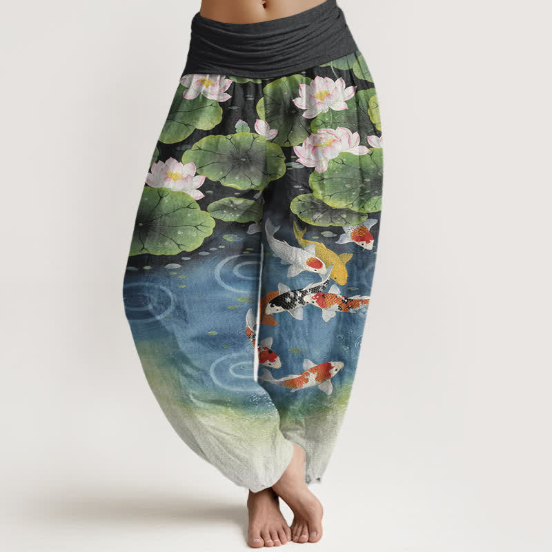Buddha Stones Cotton Lotus Koi Pond Pattern Women's Elastic Waist Harem Pants - Black - US16,UK/AU20,EU48 (3XL) - image 8
