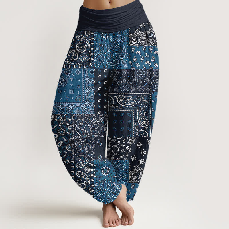 Buddha Stones Pure Cotton Elegant Paisley Pattern Women's Elastic Waist Harem Pants - Navy - US16,UK/AU20,EU48 (3XL) - image 0