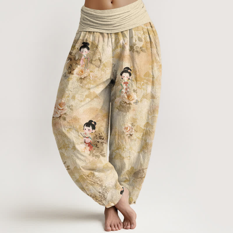 Buddha Stones Pure Cotton Vintage Floral Figure Pattern Women's Elastic Waist Harem Pants - Wheat - US16,UK/AU20,EU48 (3XL) - image 0