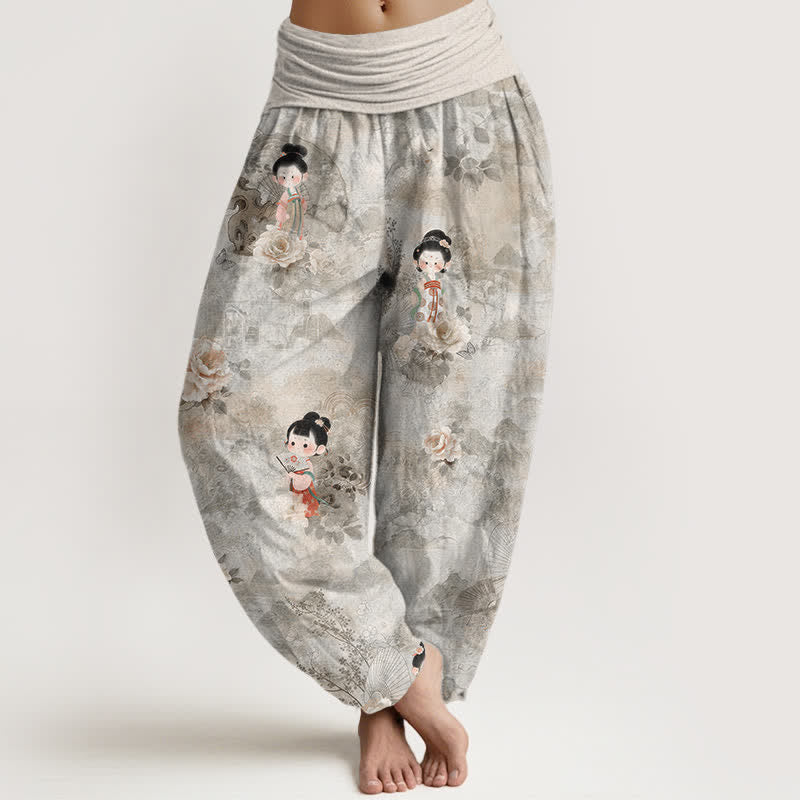 Buddha Stones Pure Cotton Vintage Floral Figure Pattern Women's Elastic Waist Harem Pants - LightGrey - US16,UK/AU20,EU48 (3XL) - image 5