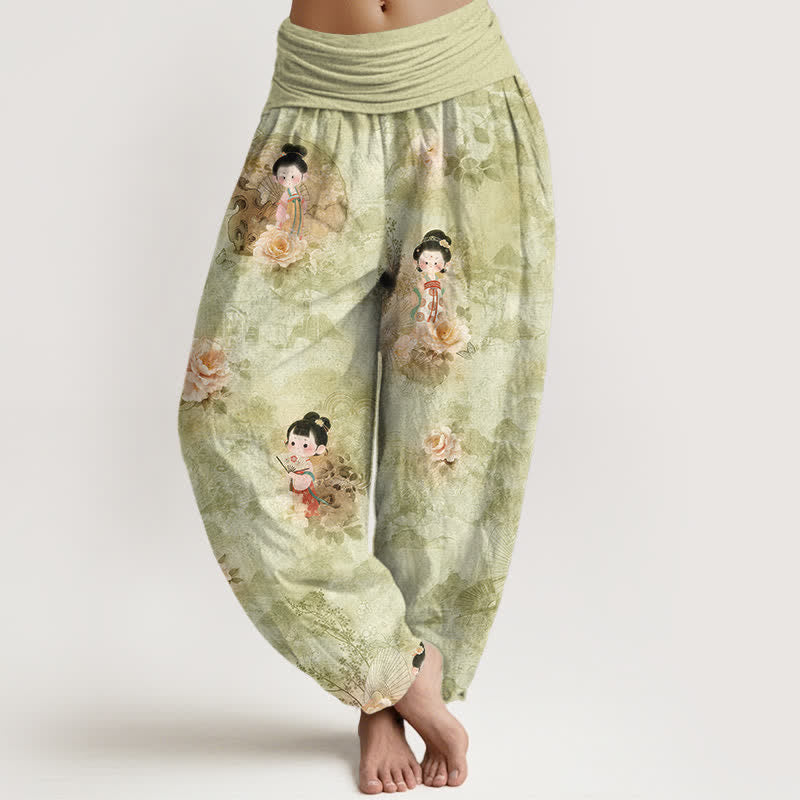 Buddha Stones Pure Cotton Vintage Floral Figure Pattern Women's Elastic Waist Harem Pants - DarkKhaki - US16,UK/AU20,EU48 (3XL) - image 8