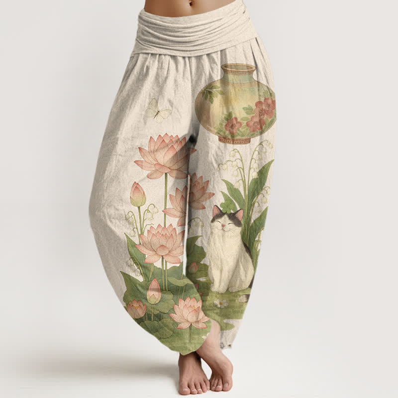 Buddha Stones Pure Cotton Lotus Cat Pattern Women's Elastic Waist Harem Pants - Beige - US16,UK/AU20,EU48 (3XL) - image 0
