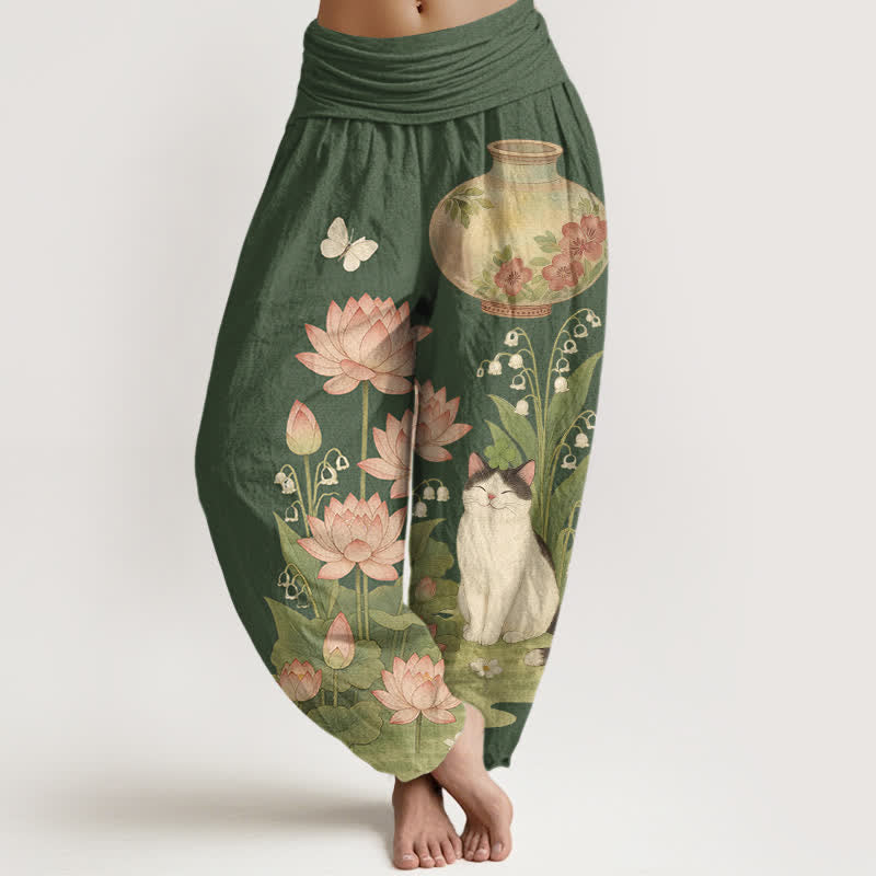 Buddha Stones Pure Cotton Lotus Cat Pattern Women's Elastic Waist Harem Pants - DarkOliveGreen - US16,UK/AU20,EU48 (3XL) - image 5