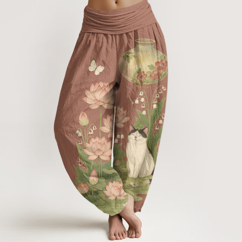 Buddha Stones Pure Cotton Lotus Cat Pattern Women's Elastic Waist Harem Pants - Sienna - US16,UK/AU20,EU48 (3XL) - image 8