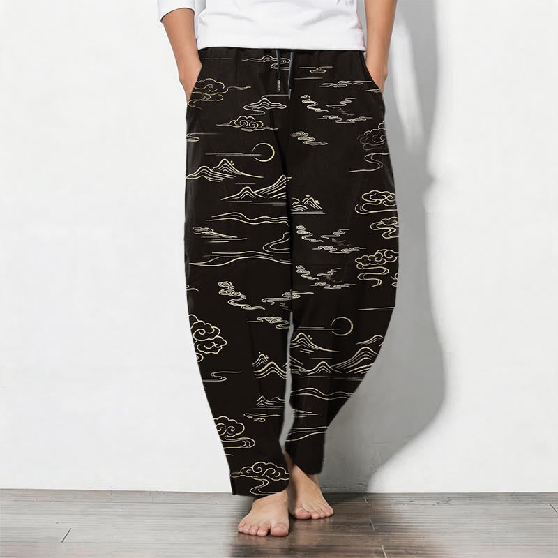 Buddha Stones Pure Cotton Cloud Mountain Wave Pattern Drawstring Men's Tapered Pants With Pockets - Black - US/UK/AU50,EU60 (5XL) - image 0