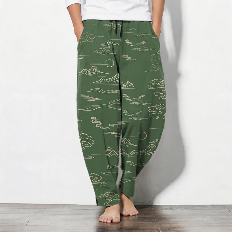 Buddha Stones Pure Cotton Cloud Mountain Wave Pattern Drawstring Men's Tapered Pants With Pockets - DarkOliveGreen - US/UK/AU50,EU60 (5XL) - image 7