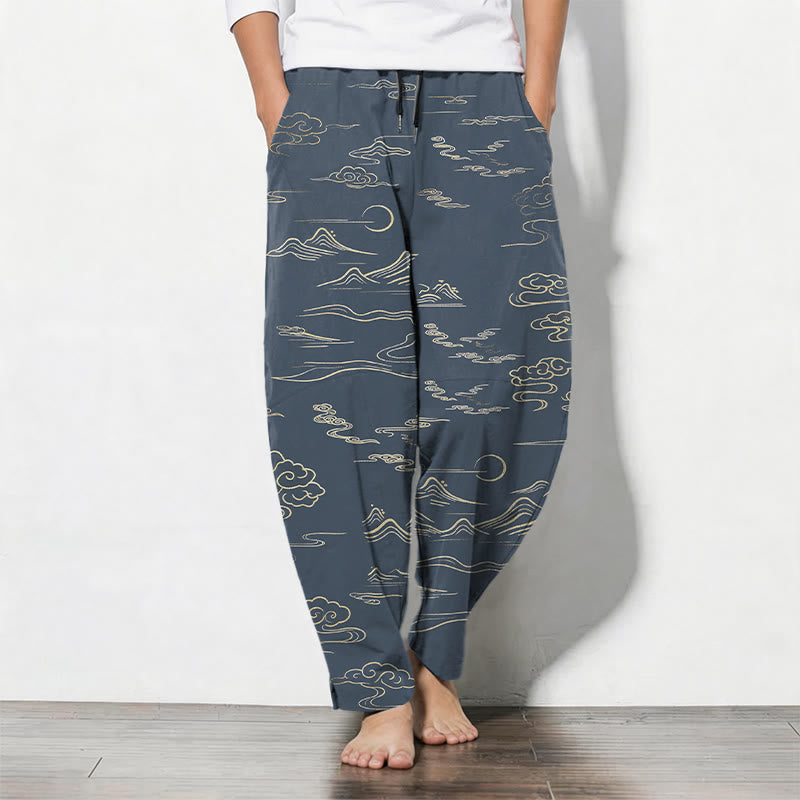 Buddha Stones Pure Cotton Cloud Mountain Wave Pattern Drawstring Men's Tapered Pants With Pockets - SteelBlue - US/UK/AU50,EU60 (5XL) - image 11