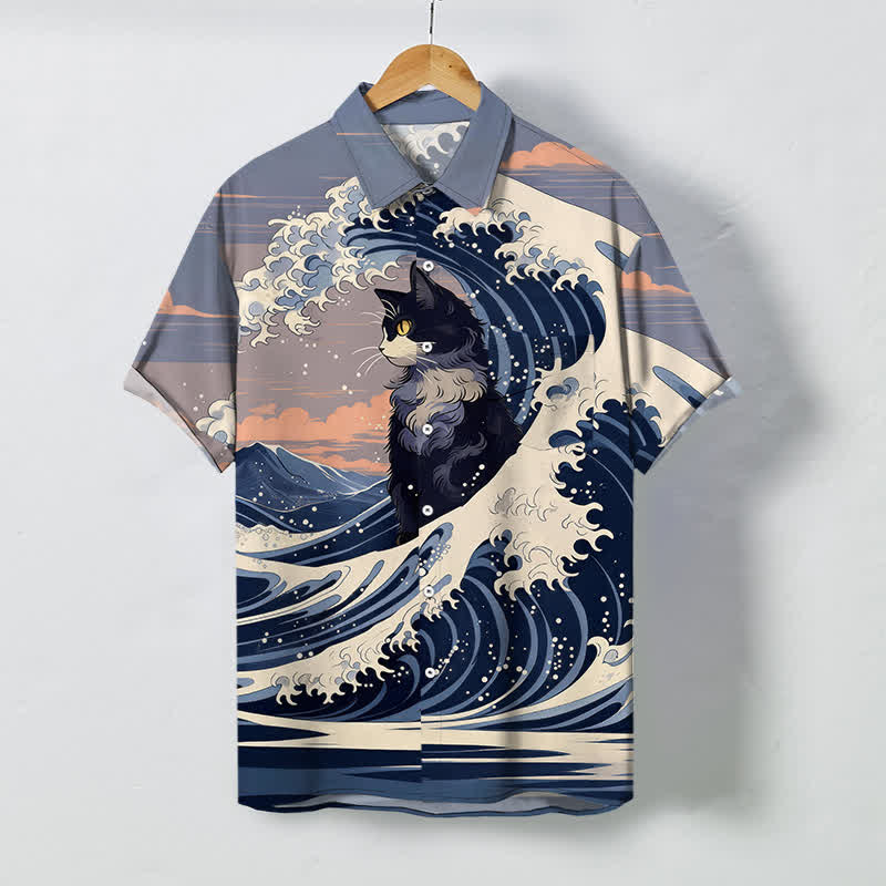 Buddha Stones Great Wave Black Cat Pattern Buttons Breathable Men's Short Sleeve Shirt - LightSteelBlue - US/UK/AU48,EU58 (4XL) - image 0