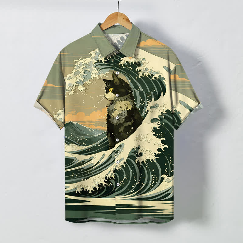 Buddha Stones Great Wave Black Cat Pattern Buttons Breathable Men's Short Sleeve Shirt - OliveDrab - US/UK/AU48,EU58 (4XL) - image 5