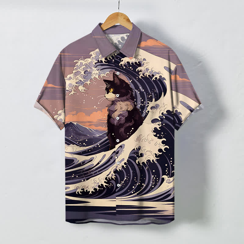 Buddha Stones Great Wave Black Cat Pattern Buttons Breathable Men's Short Sleeve Shirt - Thistle - US/UK/AU48,EU58 (4XL) - image 7