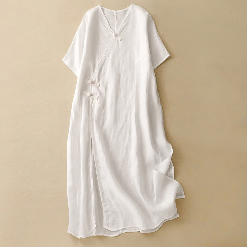 Buddha Stones Summer V-Neck Frog-Button Short Sleeve Women's Midi Dress - White - US8-10,UK/AU12-14,EU40-42 (2XL) - image 9