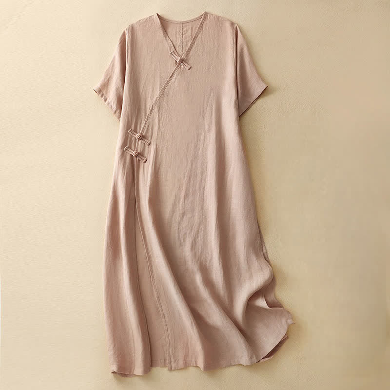 Buddha Stones Summer V-Neck Frog-Button Short Sleeve Women's Midi Dress - MistyRose - US8-10,UK/AU12-14,EU40-42 (2XL) - image 0