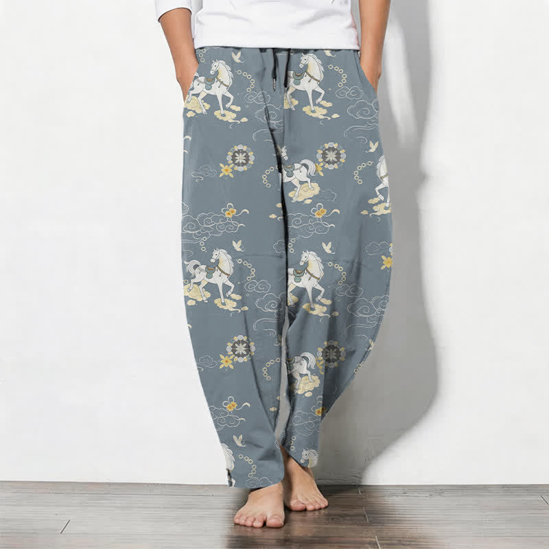 Buddha Stones Pure Cotton White Horse Cloud Blossom Pattern Drawstring Men's Tapered Pants With Pockets - LightSteelBlue - US/UK/AU50,EU60 (5XL) - image 0