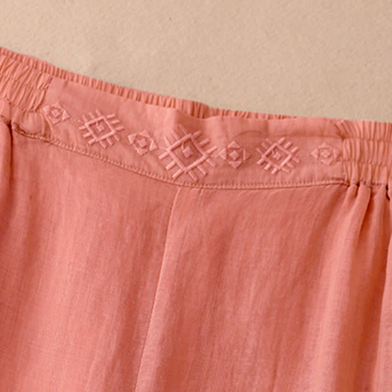 Buddha Stones Geometric Embroidery Elastic Waist Women's Wide Leg Pants With Pockets - image 2