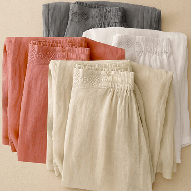 Buddha Stones Geometric Embroidery Elastic Waist Women's Wide Leg Pants With Pockets - image 1