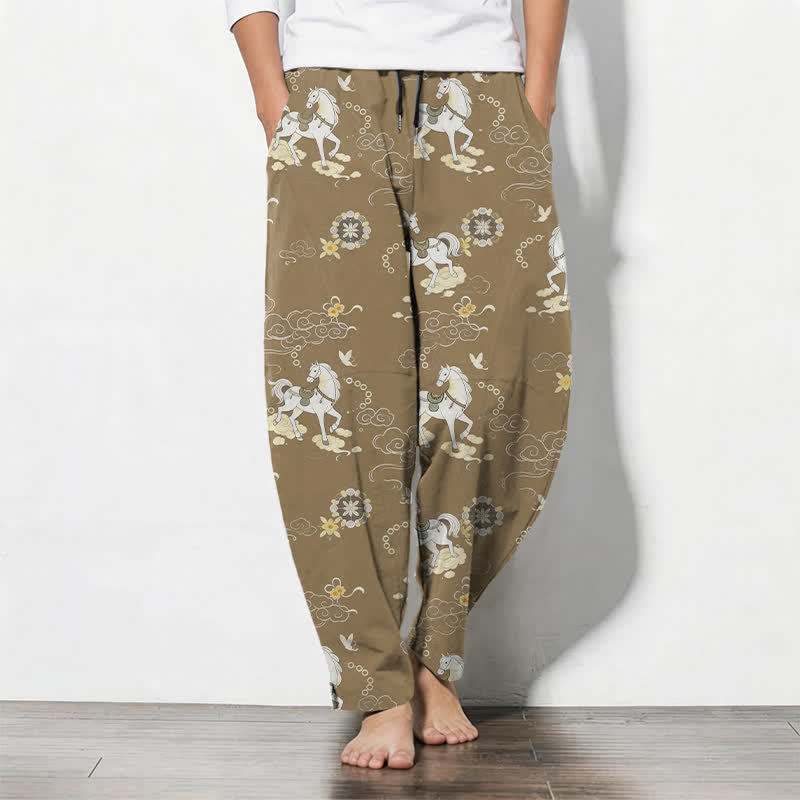 Buddha Stones Pure Cotton White Horse Cloud Blossom Pattern Drawstring Men's Tapered Pants With Pockets - Tan - US/UK/AU50,EU60 (5XL) - image 11