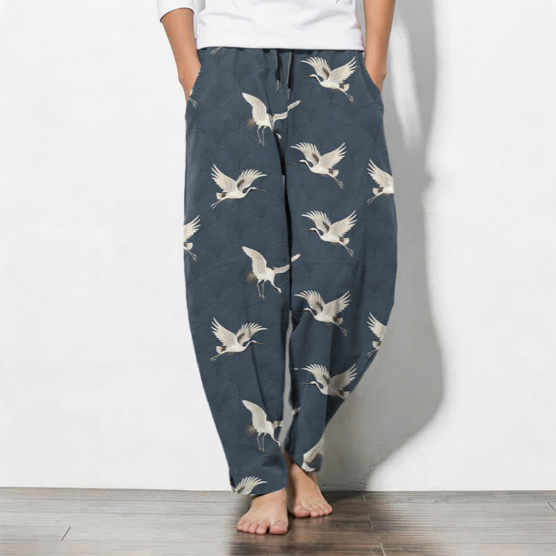 Buddha Stones Pure Cotton Flying White Crane Pattern Drawstring Men's Tapered Pants With Pockets - SteelBlue - US/UK/AU50,EU60 (5XL) - image 0