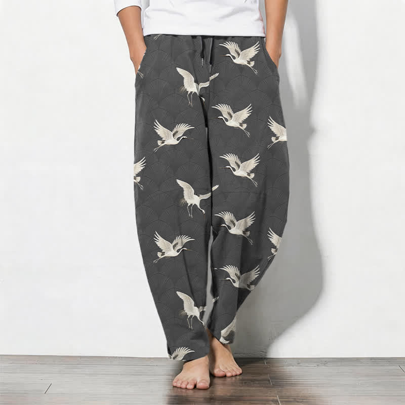 Buddha Stones Pure Cotton Flying White Crane Pattern Drawstring Men's Tapered Pants With Pockets - DimGray - US/UK/AU50,EU60 (5XL) - image 7