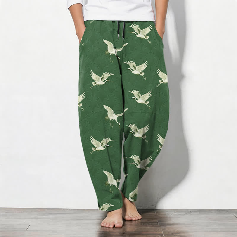 Buddha Stones Pure Cotton Flying White Crane Pattern Drawstring Men's Tapered Pants With Pockets - ForestGreen - US/UK/AU50,EU60 (5XL) - image 11