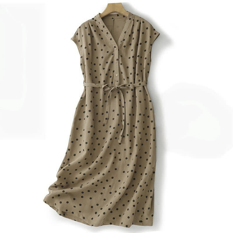Buddha Stones Summer Polka Dot V-Neck Lace-up Women's Knee Length Dress With Pockets - Tan - US14,UK/AU18,EU46 (2XL) - image 0
