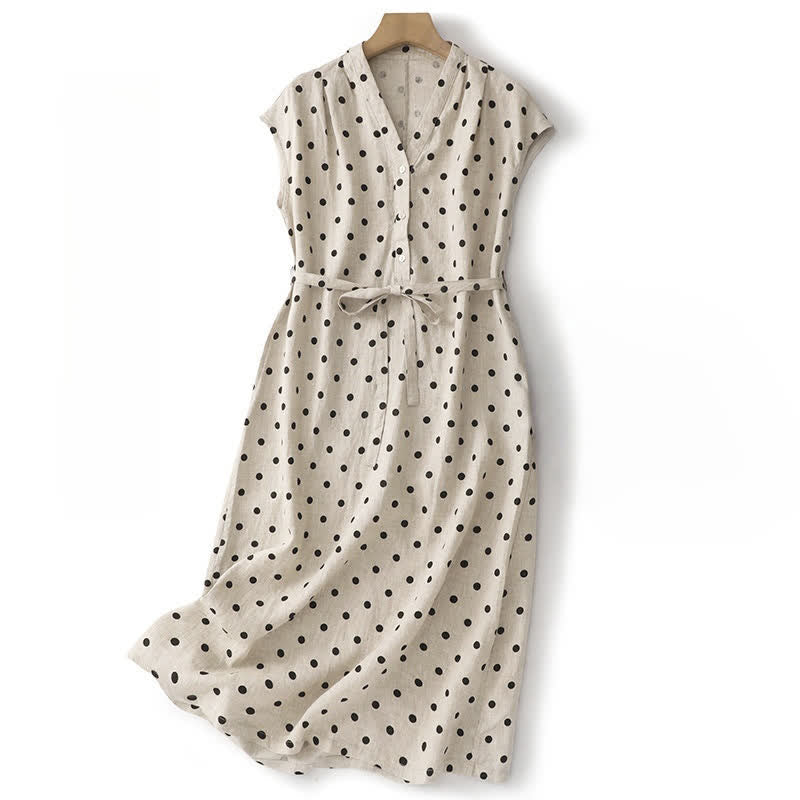 Buddha Stones Summer Polka Dot V-Neck Lace-up Women's Knee Length Dress With Pockets - White - US14,UK/AU18,EU46 (2XL) - image 8