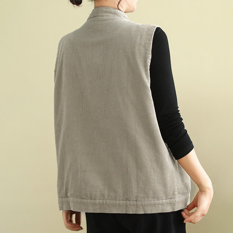Buddha Stones Plain Sleeveless Women's Vest Corduroy Waistcoat With Pockets - image 3