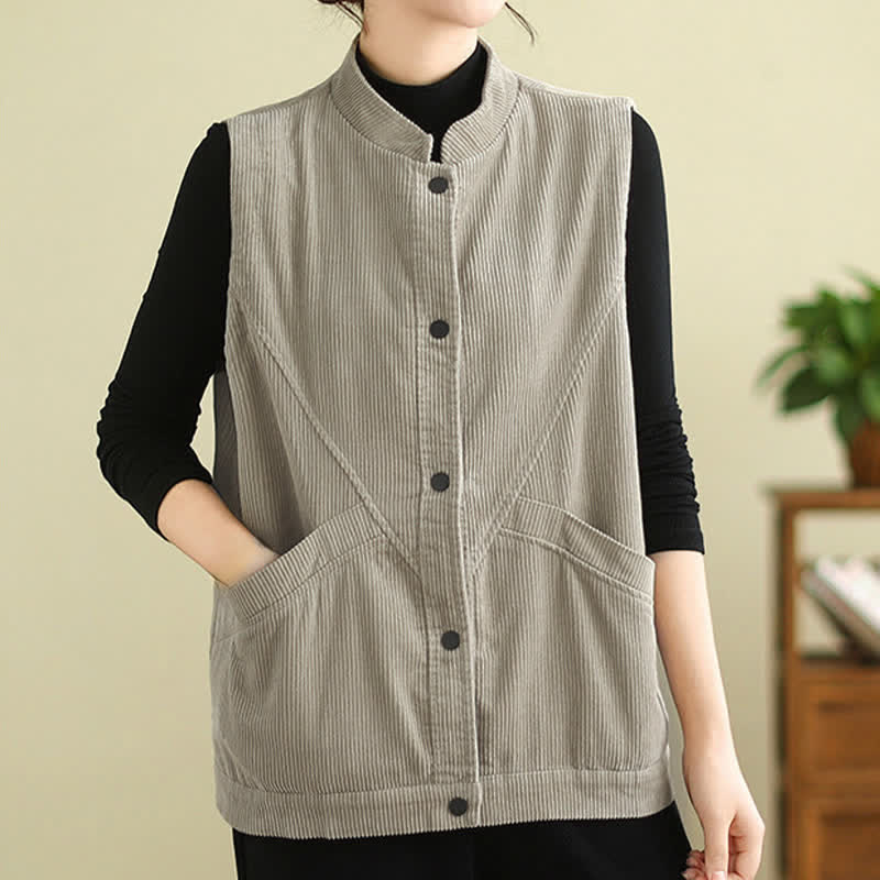 Buddha Stones Plain Sleeveless Women's Vest Corduroy Waistcoat With Pockets - image 5