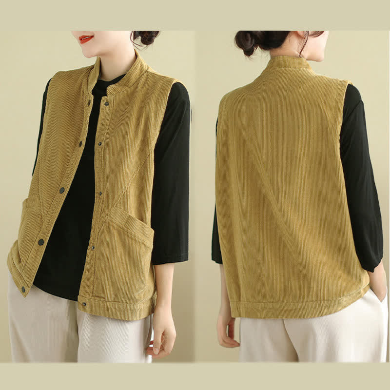 Buddha Stones Plain Sleeveless Women's Vest Corduroy Waistcoat With Pockets - image 18