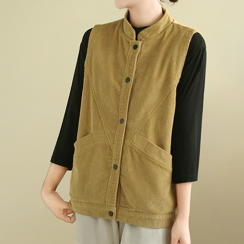 Buddha Stones Plain Sleeveless Women's Vest Corduroy Waistcoat With Pockets - image 16