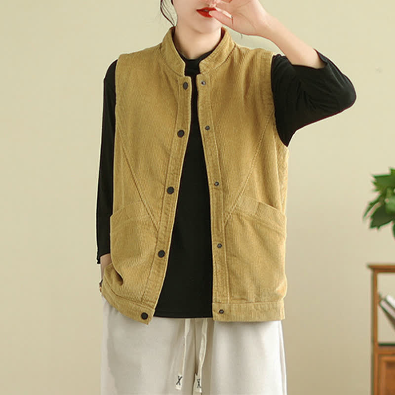 Buddha Stones Plain Sleeveless Women's Vest Corduroy Waistcoat With Pockets - image 17