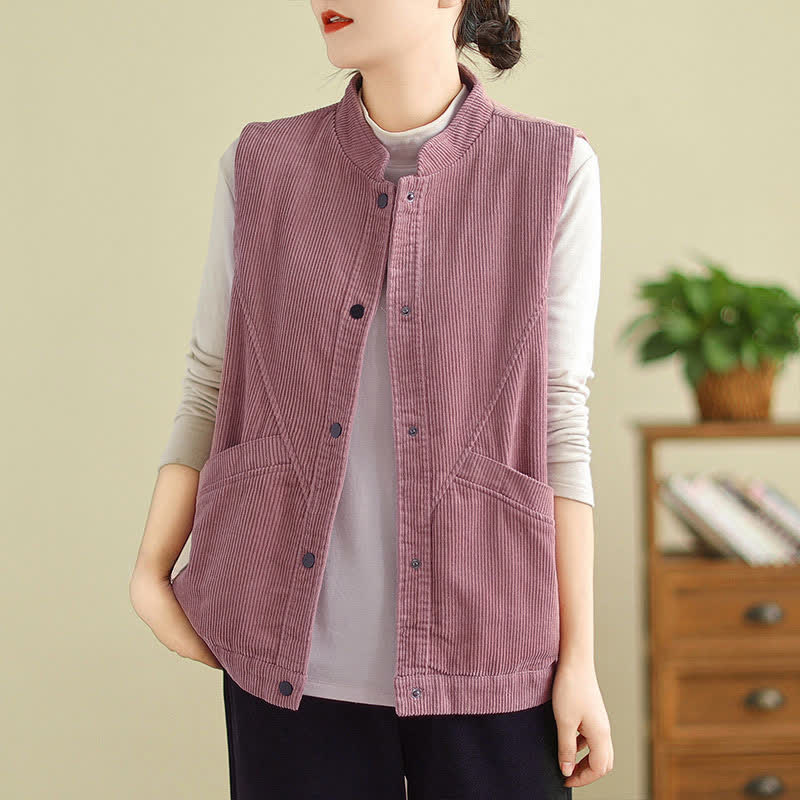 Buddha Stones Plain Sleeveless Women's Vest Corduroy Waistcoat With Pockets - PaleVioletRed - US8-10,UK/AU12-14,EU40-42 (2XL) - image 8